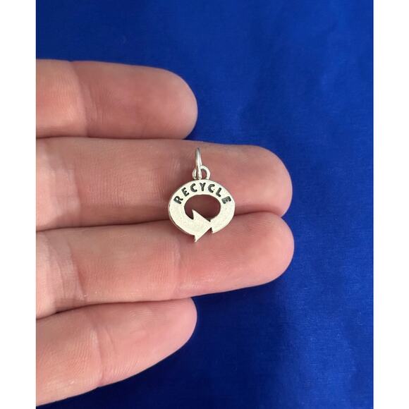 Sterling Silver Recycle Symbol and Word Charm, Recycle Symbol Recycle Word Charm - Picture 1 of 4